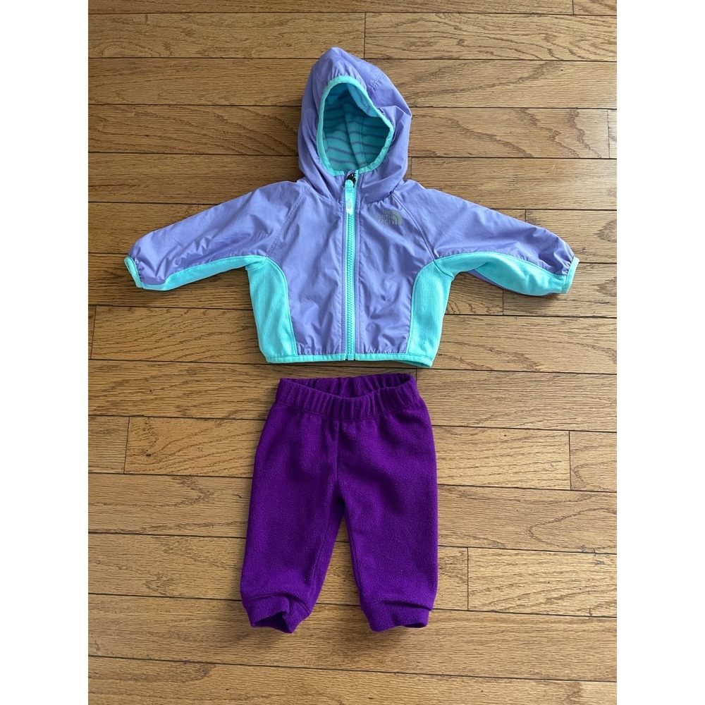 The North Face Baby 0-3 M Hooded Zip Reversible Jacket+ Fleece Pants Set Purple